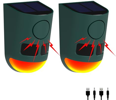 Alarma solar con sensor de movimiento para exteriores - generador de sonido fuerte de 129 dB, detector de movimiento ultrasónico multibanda de alta frecuencia, con luz estroboscópica, para patio