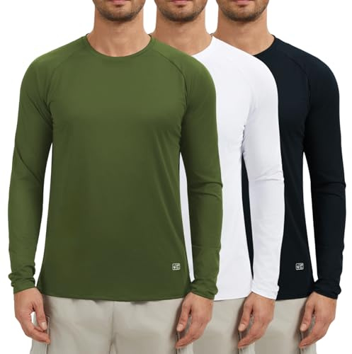 AMZSPORT Confezione da 3 Maglia Uomo a Maniche Lunghe Protezione UV UPF 50+ Maglietta Sportiva Traspirante e ad Asciugatura Rapida per Corsa, Outdoor, Fitness Nero Bianco Verde S