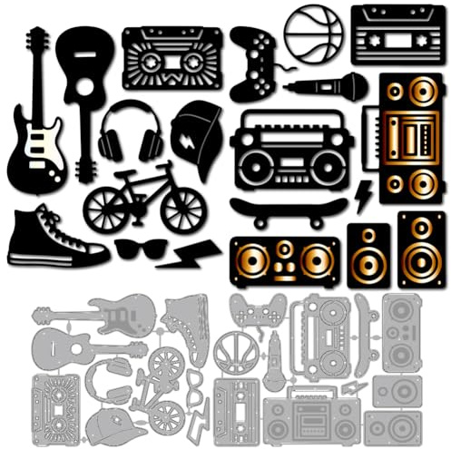 MAYJOYDIY Boombox Gitarre Metall Stanzformen Kassettenkopfhörer Stanzschablone Hip Hop Skateboard Karbonstahl Prägeschablonen Für Scrapbooking Party Fotoalbum DIY Papierhandwerk