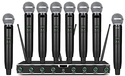 DJ Mixer Controller 8 Channels Professional Wireless Microphone System 8 Handheld Mic Stable Reception for Karaoke Party Stage Church for Streaming/Podcasting/Gaming, Phone, Computer