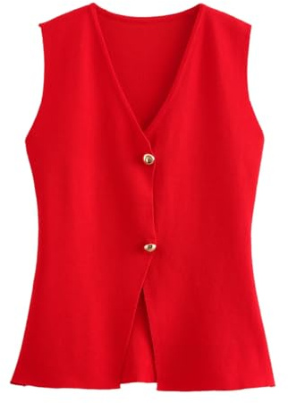 RWGSNB Gilet Donna Corto Maglia con Scollo a V Bottoni Dorati Senza Maniche Blazer Giacca Elegante Lavoro Gilet Elegante Canotta Maglione Lavorato a Maglia Gilet Top Rosso S
