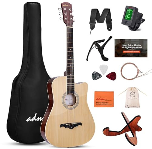 ADM 38 Inch Acoustic Guitar Bundle for Beginners Adults with Online Lesson, Cutaway Wood Acustica Guitarra Starter Set Package with Gig Bag, Strap, Steel Strings, Picks, Capos, Stand, Natural