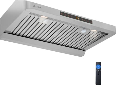 COSTWAY 30 Inch Under Cabinet Range Hood with Oil Collector, 900 CFM Stainless Steel Kitchen Vent Hood w/4 Fan Speeds, Touch/Gesture/Remote Control, Timer, LED Lights & Dishwasher-Safe Baffles Filters