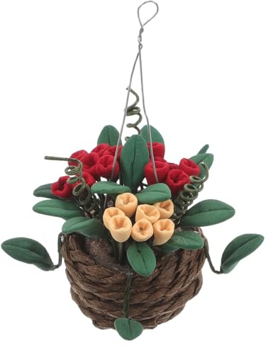 Uonlytech 12 Dollhouse Miniature Flower Basket with Faux Clay Flowers, Lifelike Mini Bonsai Hanging Decor for Fairy Garden and Dollhouse Accessories