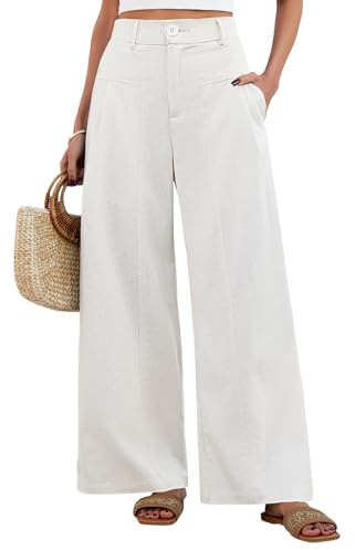 Fashora Pantalones Mujer Verano Algodón Lino Casual Pantalon Cintura Alta Elástico Elegante Anchos Pantalones Largos Suelto Cómodos Pantalón Fluido con Botones Bolsillos