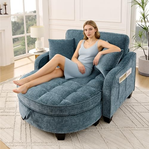 ZIDEY Sofa mit mit Aufbewahrungs-Hocker, Schlafsofa mit Verstellbarer Rückenlehne und Kissen, Klein Sofa, für kleine Wohnzimmer,Studienzimmer,Schlafzimmer,Blau