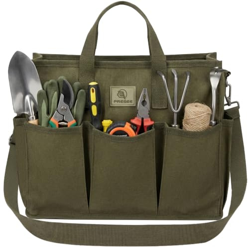 PRESEE Garden Tool Bag, 9 Pockets and Shoulder Strap, Green | Heavy Duty Gardening Organizer Tote Bag