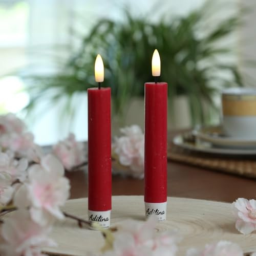 ADILINA LED Stabkerzen Rustik-Optik rot Echtwachskerzen Dinnerkerzen Spitzkerzen mit Timer H: 16cm (2 Stabkerzen 13cm)