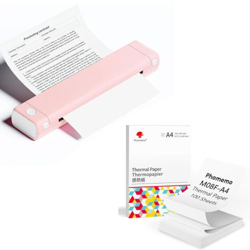 Phomemo M08F A4 Tragbarer Drucker Rosa Weiß mit 100 Blatt Gefaltetem A4 Thermopapier, kabelloser Bluetooth Mobildrucker für Reisen, Auto, Büro und Zuhause