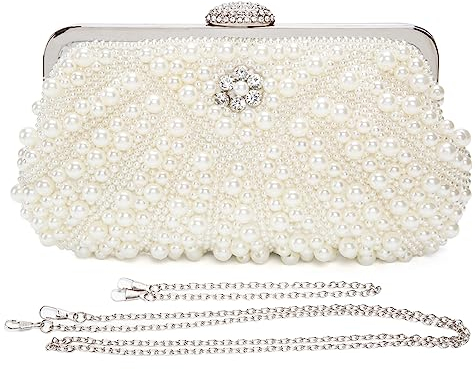BAIGIO Damen Clutch Perlen Elegant Abendtasche Ivory Vintage Handtasche Clutch Weiß Brauttasche mit Kette Unterarmtasche für Hochzeit Prom Party Afterparty Kettetasche