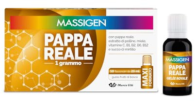 Massigen - Pappa Reale Tonico Naturale, Integratore Energetico, Azione Ricostituente e Antiossidante, con Miele e Pappa Reale, 10 Flaconcini da 25 ml