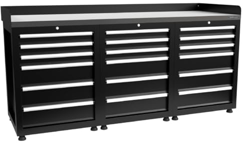 Kraftmeister werkbank 200 cm - mit 18 Schubladen und Edelstahl-Arbeitsplatte - Schwarz