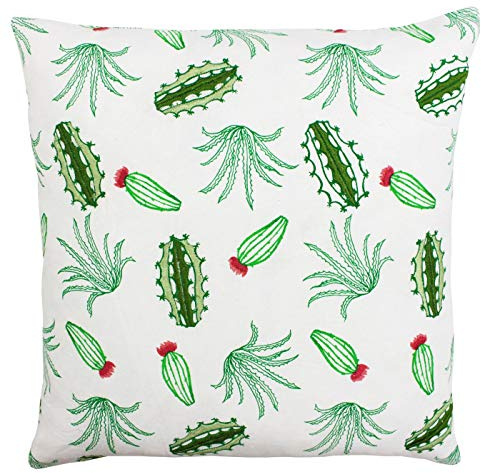 Riva Paoletti Desert Cushion Cover Green and Coral Pink Cactus Print with Embroidery 100% Cotton 45 x 45cm (18 x 18)