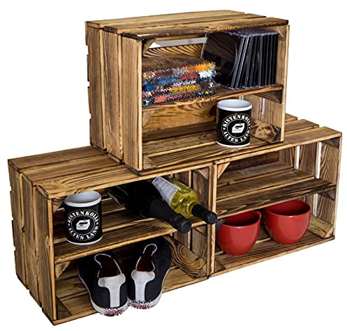 Zapatero zapatero de cajas de madera flameada, zapatero, para niños y adultos, estantería estable en aspecto de cajas de fruta (40 x 30 x 25 cm, juego de 3)