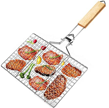 Griglia Pieghevole per Barbecue, Rete per barbecue, Portabile Griglia Barbecue Cestello per Griglia, Clip per Pesce alla Griglia con Manico in Legno, per Bistecca, Gamberetti, Carne, Verdure e Pesce
