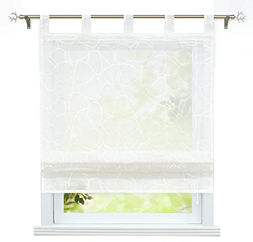ESLIR Raffrollo mit Schlaufen Raffgardinen Transparent Küche Gardinen Landhaus Schlaufenrollo Leinen Vorhänge Bestickt Weiß BxH 80x140 cm 1 Stück