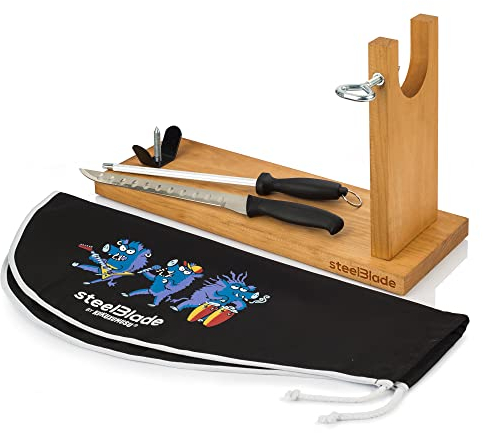 Steelblade Banqueta Copri Kukuxumusu + Coltello Chaira-Supporto Ideale per prosciutto e Pallet, Legno, Panca Jabarock