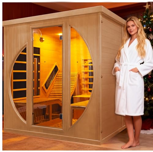amocane Sauna infrarroja con reclinable, 2 personas cicuta de madera seca saunas con 220 V/3400 W, sauna interior para el hogar, spa con 9 paneles de calefacción, altavoz Bluetooth, 7 luces de color