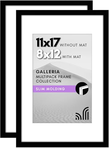 Americanflat 11x17 Picture Frame Set of 2, Black, Displays 8x12 Photos With Mat and 11x17 Without Mat, Plexiglass Cover, Sawtooth Hanger for Horizontal or Vertical Display