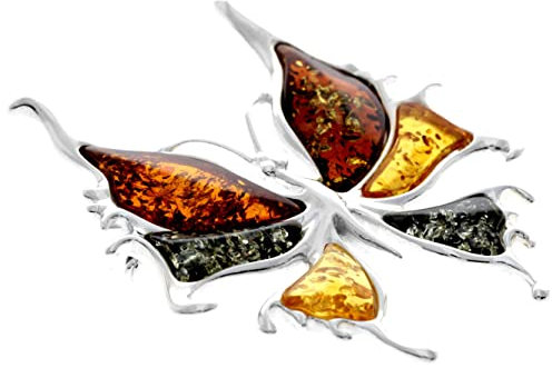 Broche papillon en argent sterling 925 et ambre véritable de la Baltique - AD805, Argent sterling, Ambre