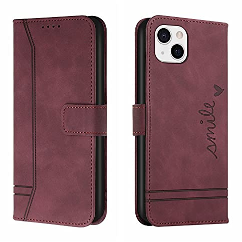 Bravoday Cover per iPhone 13, Flip Custodia in Pelle PU Portafoglio Custodia per iPhone 13, con Slot per Schede, Vino Rosso
