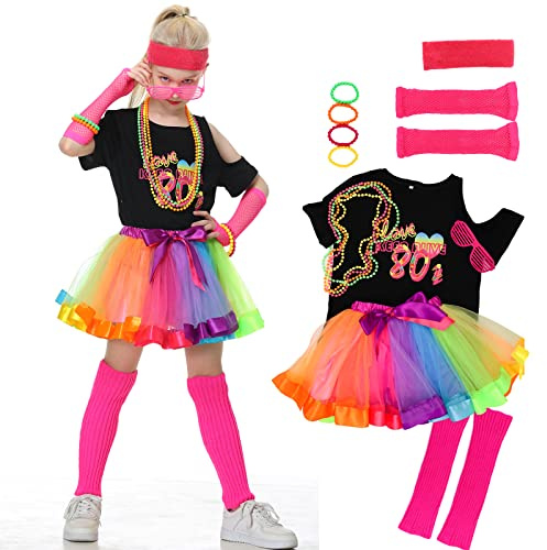 Firecos 80er Jahre Kostüm für Kinder Cosplay Thema Anzug Fancy Kleid 80er Jahre Outfit Kleid Zubehör Set mit Kurzarm Tutu Rock für Party Dress up für Mädchen (130CM)