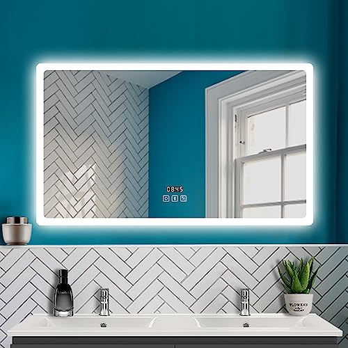HAPAOSO Miroir de Salle de Bain Miroir Mural LED, 160 * 80cm, Bluetooth, Horloge, Interrupteur Tactile, Anti-buée, 3 en 1 Froid/Chaud/Neutre, étanche IP44