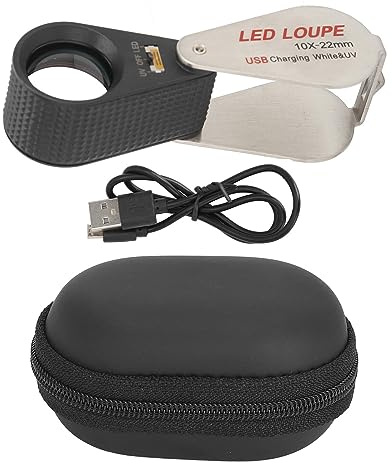 LED-UV-Lupe, 10-fach, Faltbar, Juwelierlupe, Taschenlupe, Wiederaufladbare Lupe, Identifikationslupe, 60 Mm X 30 Mm, mit Aufbewahrungstasche, USB-Ladekabel