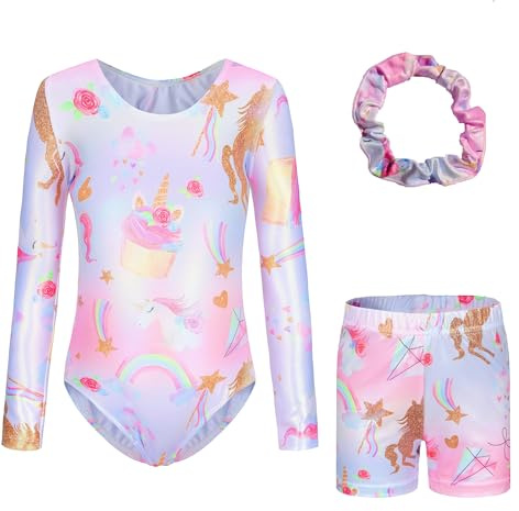 Sinoeem Justaucorps de Gymnastique pour Fille à Manches Longues/sans Manches,Vêtements de Danse de Ballet. (B132set-Flowers_Horses-Long, 11-12 ans)