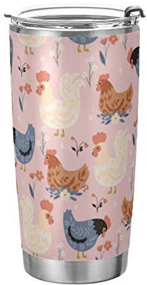 Anticsao Becher mit süßem Hühner und Blumen, mit Deckel und Strohhalm, isolierter Edelstahlbecher, doppelwandiger Reise-Kaffeebecher, Thermo-Vakuumbecher für heiße und kalte Getränke, 590 ml