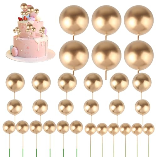 AILUYA 30 Stück Tortendeko Kugeln, Cake Topper Geburtstag, Happy Birthday Tortendeko, DIY Einlage Cupcake Topper Ballons Cake Topper für Torten Dekorieren Hochzeit Party Babyparty Geburtstag (Gold)