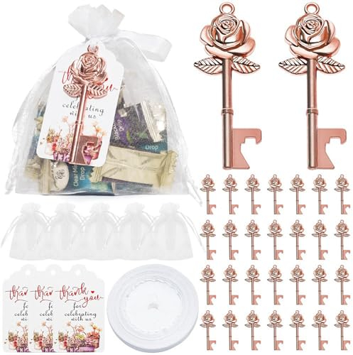 30 Pezzi Apribottiglie Chiave con Etichetta di Ringraziamento Sacchetti in Organza e Nastro Apribottiglie Chiave Scheletro Vintage Bomboniere Apribottiglie per Addio Al Nubilato, Feste(Oro rosa/rose)