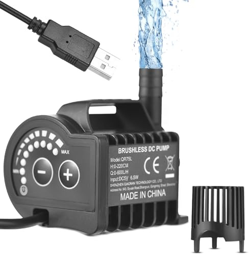 Elektrisk vattenpump, bärbar mini-fördunkningspump, 5 V, hastighetsreglering med 8 lägen, pump för små fontäner, maximalt flöde 600 l/h, med 2 m USB-kabel och (QR75L)