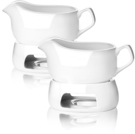Nucookery Large 18 Oz Gravy Boat with Warmer, White Fine Porcelain Saucier With Big Dripless Lip Spout, Gravy Bowl For Thanksgiving, Warming Sauces, Salad Dressings, Microwave & Freezer Safe(Set of 2)