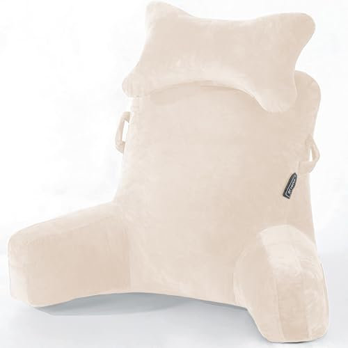 SLIGUY Reading Pillow-Bed Rest Pillow with Detachable Neck Roll & Higher Support Arm for Sitting in Bed Couch or Floor-Backrest Reading Pillow Adult Back Pillow for Watching TV/Gaming,Beige