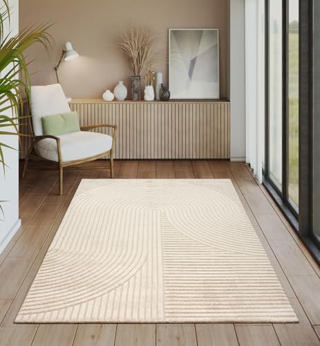 the carpet Everest - Alfombra Moderna de Pelo Corto salón Dormitorio con Efecto Alto-bajo, Efecto 3D, Alta Densidad de Pelo y agradablemente Suave, diseño Panglao, Beige, 140 x 200 cm