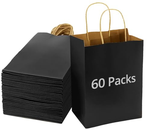 QWORK® 60pcs sacs-cadeaux avec poignées, noir sac en papier kraft, 15X8X21CM, pour la fête, emballage, sacs-cadeaux d'anniversaire, sacs à provisions