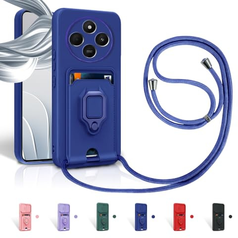 Aithne Funda con Cuerda para Xiaomi Redmi 14C 4G Case con Ranura para Tarjetas,360 Anillo función de Soporte Cubierta -Azul