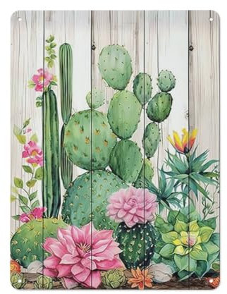 ODHHGDF Rustikales Metall-Blechschild Kaktus, Wandkunst, grüne Sukkulenten und Blumen, Bild, Malerei, tropische Pflanze, Dekor, Kunstwerk für Wohnzimmer, Badezimmer, Dekoration, 30,5 x 40,6 cm