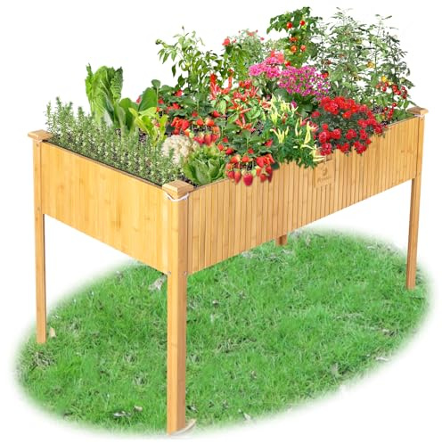 FCVEIDO Raised Garden Bed, 48x25x30 Inch Raised Bed, Elevated Bamboo Planter Box with Legs, Standing Growing Bed for Growing Fresh Herbs, Vegetables, Succulents, Flowers