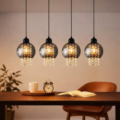 ZMH Pendelleuchte Esstisch Hängelampe E27 - Hängeleuchte 4 Flammig Glas | Esszimmerlampe Vintage Esstischlampe Rauchgrau Esszimmer Pendellampe für Wohnzimmer Schlafzimmer Küch(ohne Leuchtmittel）