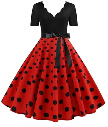 EFOFEI Donna Abito Cocktail Vintage retrò a Maniche Corte Abito da Cocktail a Maniche Corte con Cintura Abito da Damigella d'Onore Sottoveste Lungo Rosso XS