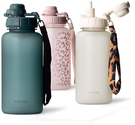MAMEIDO Trinkflasche mit Strohhalm 1 l (Ocean Bloom) | auslaufsicher, BPA-frei mit 2-in-1-Sportdeckel, Strohhalm & Trageschlaufe, Wasserflasche mit Zeitmarkierung für Sport, Schule
