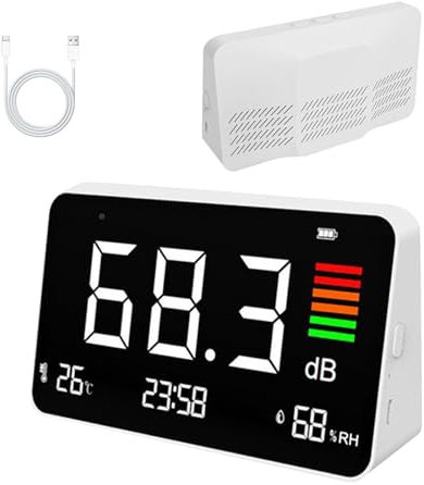 4-in-1 Decibel Meter, Digital Decibel Sound Level Meter with Led Display Adjustable Brightness, 30-130dB, Rechargeable Desktop Noise Monitor for Classroom, Office, Home, Factory, Library