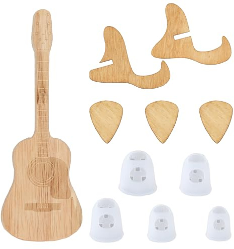 Scatola in Legno per Plettro con Supporto - Set Completo con 3 Plettri per Chitarra e 5 Protezioni per Dita - Ideale per Principianti di Chitarra Acustica, Elettrica e Basso