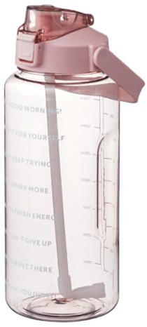 Botellas de agua de 2 L, botella portátil de gran capacidad con asa, botellas de agua deportivas con popote y marcador de tiempo, botella de bebidas a prueba de fugas para exteriores (rosa)