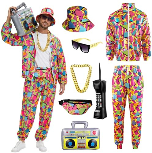 80er 90er Jahre Outfit Herren,Hip Hop Trainingsanzug Set mit Zubehör | Komplettes Retro‑Kostümset inklusive Goldkette und Sonnenbrille. Karneval, Events und jahresbezogene Themenpartys