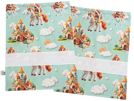 Filet - Set 2 Sacchetti Asilo in cotone con stampa Principesse fondo verde tiffany | Inserto in Tela Aida da Ricamare | Made in Italy | 42 x 34 cm | Ideali per il cambio, per le scarpe, per lo sport