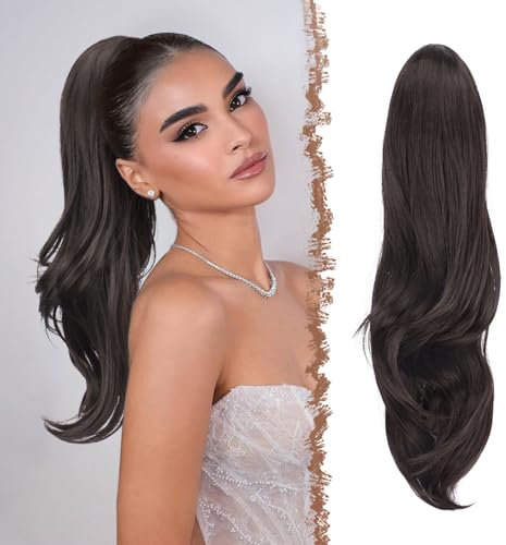 FESHFEN Drawstring Ponytail Extension, Natural Long Wavy Layered Synthetic Pony Tails Black Brown Hair Extensions Hairpieces for Women, 20 inch