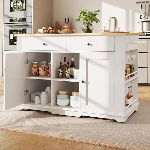 ModernLuxe Kitchen Island with Worktop, Kitchen Trolley Equipped with Power Strip, Storage Cabinet, Removable Serving Trolley with Wine Rack, Buffet Cabinet with Wood Grain, White, 151.5x59.7x91.7cm